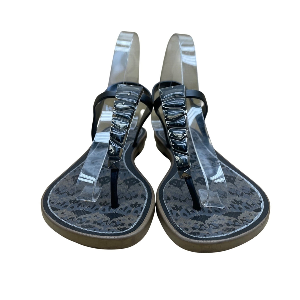 American Eagle Women’s Black Rubber Animal Print Studded T-Strap Sandals Size 9