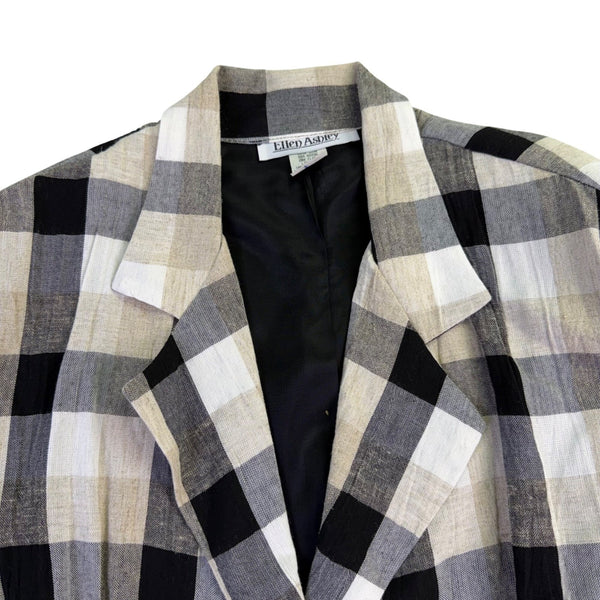 Ellen Ashley Womens Beige/Black Plaid Blazer Jacket Tie Waist Size M