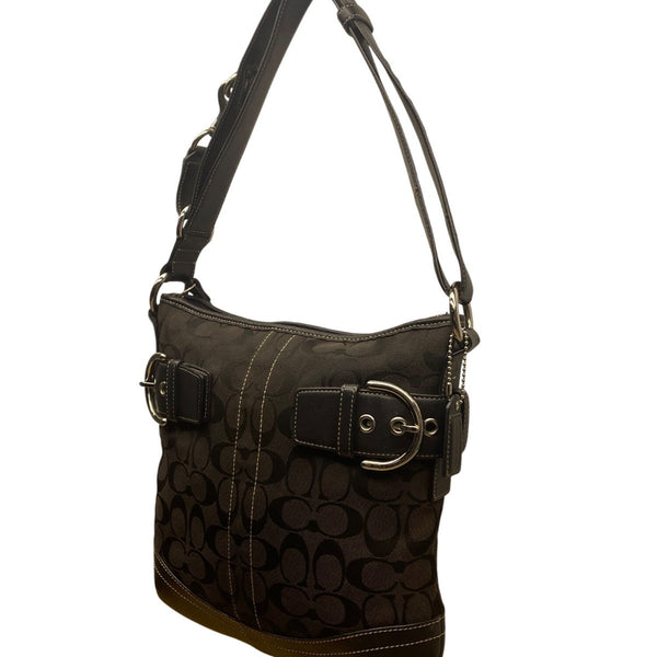 Coach Women’s Black Monogram & Leather Details Adjustable Strap Shoulder Bag