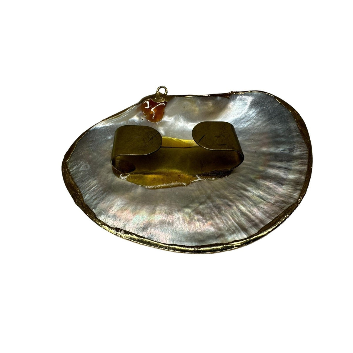 Vintage Black Mother Of  Pearl Lip Shell Ornament / Pendant - Gold Tone Borders