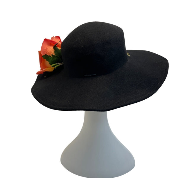 Black Wool Wide-Brim Fedora Hat With Red Floral Embellishment