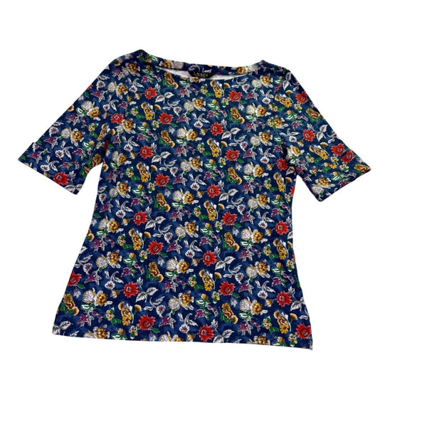 Lauren Ralph Lauren Womens Blue Floral Print Cotton Blend Top Size L