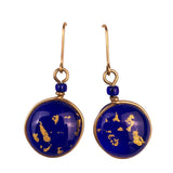 Womens Blue Glass & Gold Leaf Dangle Earrings Lightweight Artisan