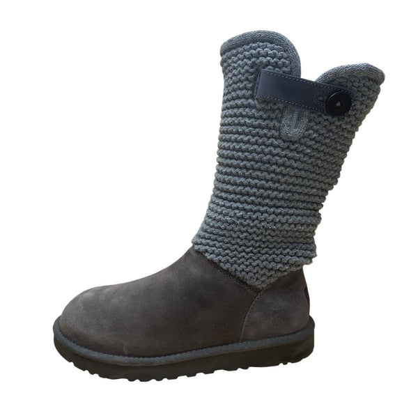 UGG Women’s Gray Knit Cuff & Suede Strap Detail Classic Pull-On Boots Size 8