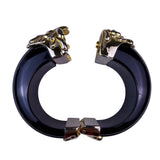 Vintage Inna Cytrine Paris Black Lucite & Gold Tone Hinged Bangle Bracelet