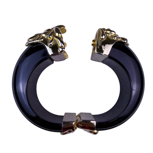Vintage Inna Cytrine Paris Black Lucite & Gold Tone Hinged Bangle Bracelet