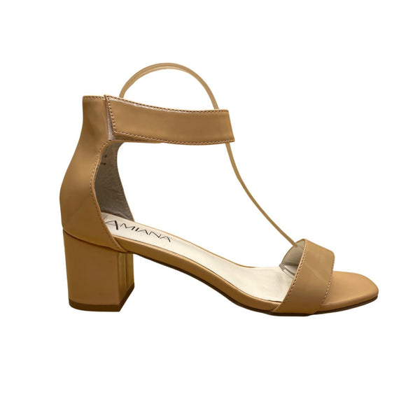 Amiana Women’s Nude Patent Square Toe Adjustable Strap Block Heel Sandals Size 3