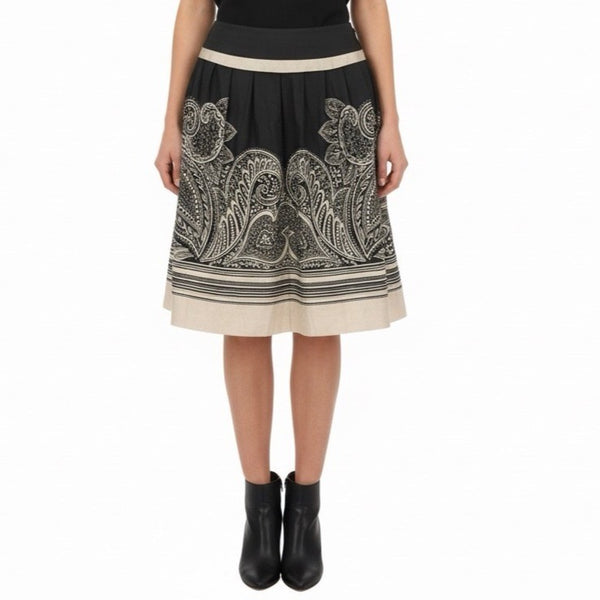 Black Cotton & Silk Women’s Paisley Midi Skirt With Pleats & Beige Accents