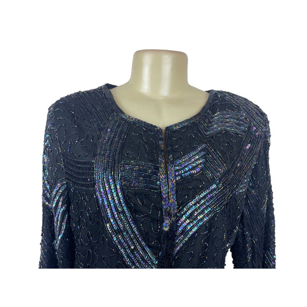 Vintage Stenay Women's Black Sequined and Beaded Silk Long-sleeve Sweater Sz- L