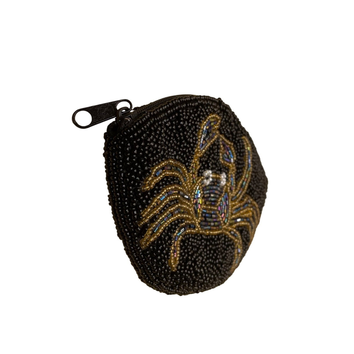 Handmade Women’s Metallic Black & Gold Beaded Crab Zipper Pouch