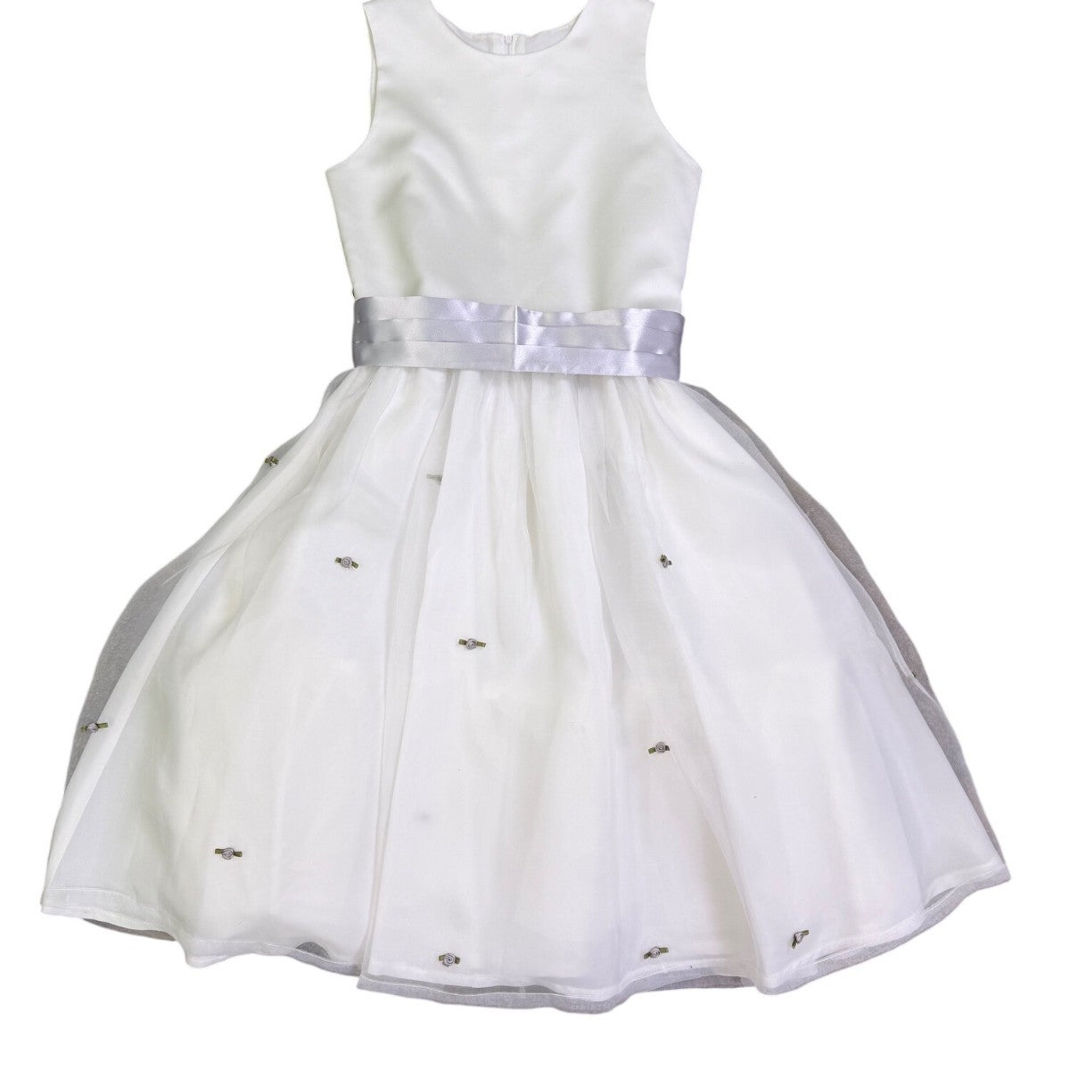 US Angels Girls White Satin Dress W Silver Embellished Tulle Skirt & Bow Size 14