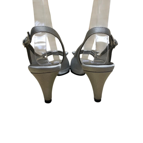 David Tate Women’s Silver Satin Slingback Bow Accent Peep-Toe Heels Size 6.5M
