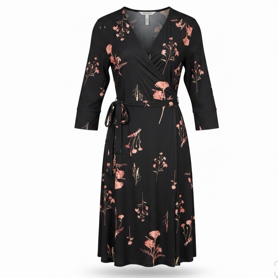 Helene Clarkson Womens Black Wrap Dress Floral Print Size L