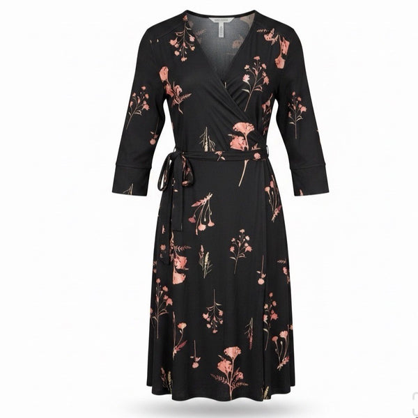 Helene Clarkson Womens Black Wrap Dress Floral Print Size L