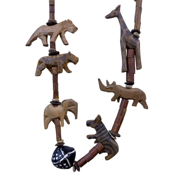 Handmade Unisex Brown Wood Animal Carved Necklace Safari Wildlife Beaded Art