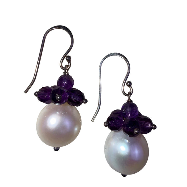Cultured Pearl & Amethyst Womens Sterling Silver Dangle Earrings 925 