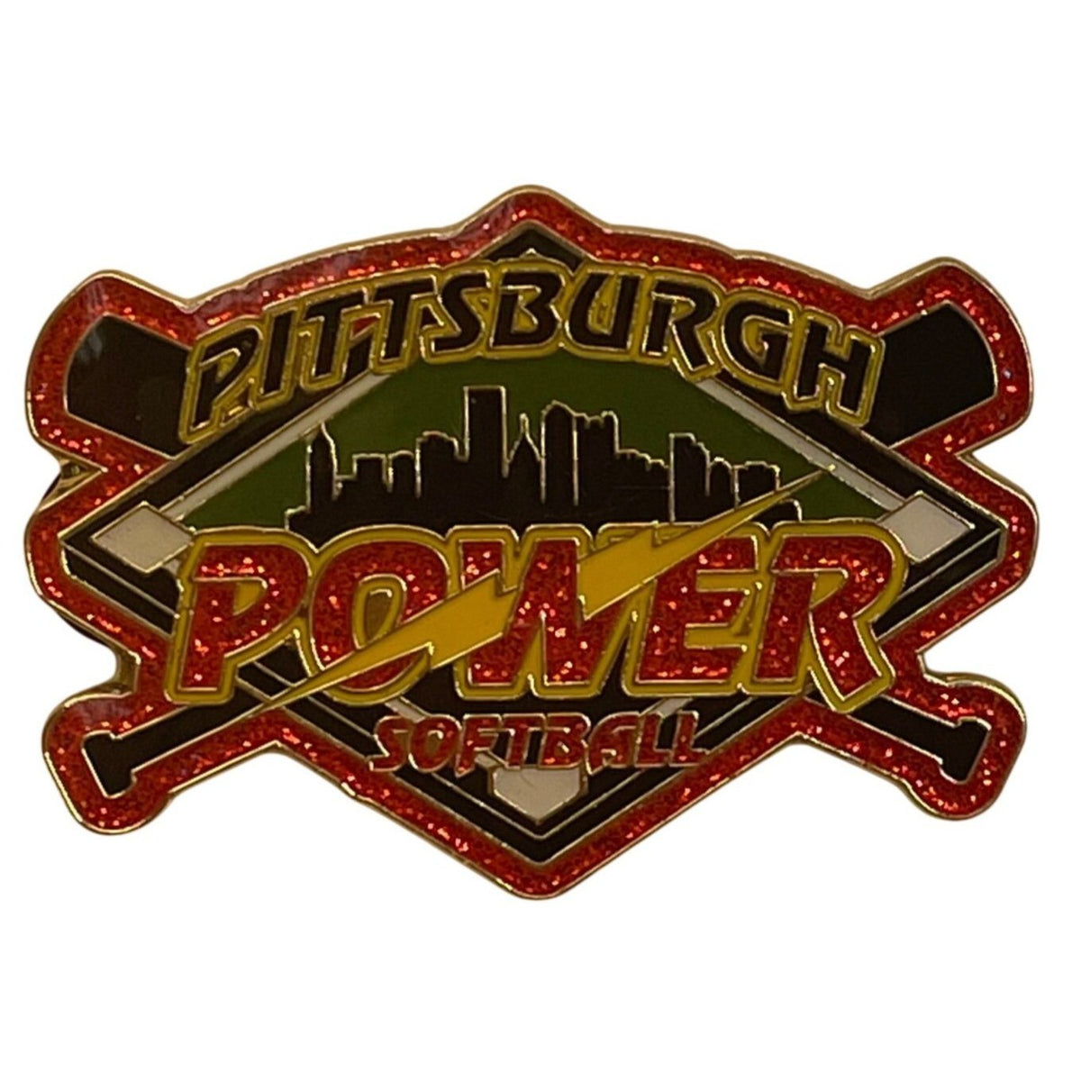 Pittsburgh Power Softball Glittery Enamel Lapel Pin Dual Clutch Back Design
