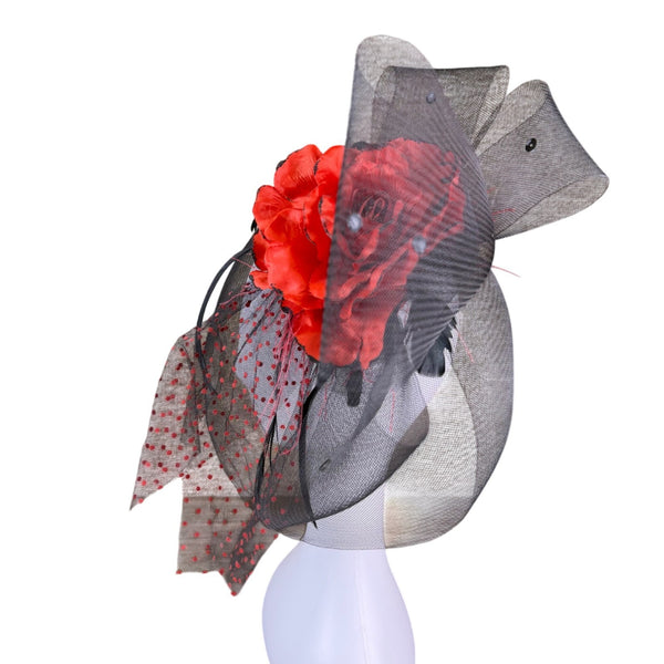 Black & Red Womens Mesh Fascinator Floral Detail & Polka Dot Netting Headband