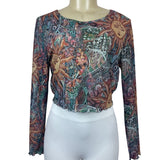 Women's Multicolored Sheer Round Neck Sun Moon Print Blouse Sz L