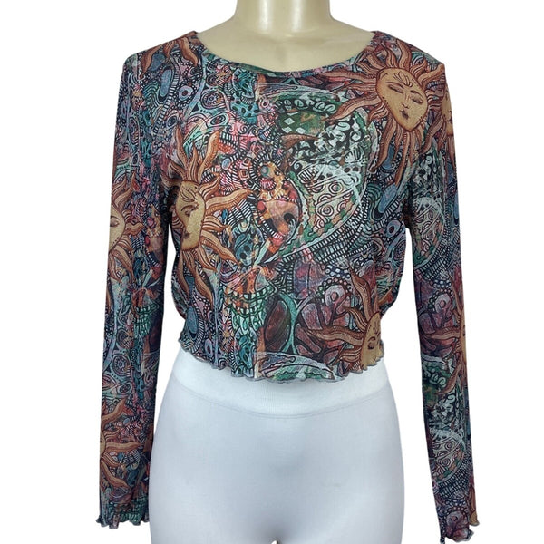 Women's Multicolored Sheer Round Neck Sun Moon Print Blouse Sz L