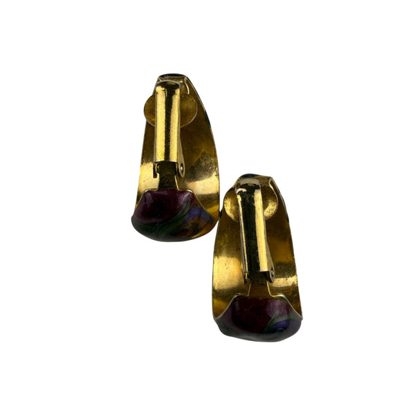 Vintage Gold Tone Multicolor Clip-On Earrings Hand-Painted Abstract Multicolor