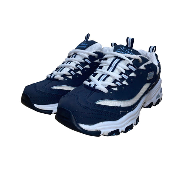 Skechers Women’s Navy & White Leather Rhinestone D’Lites Sneakers Size 7