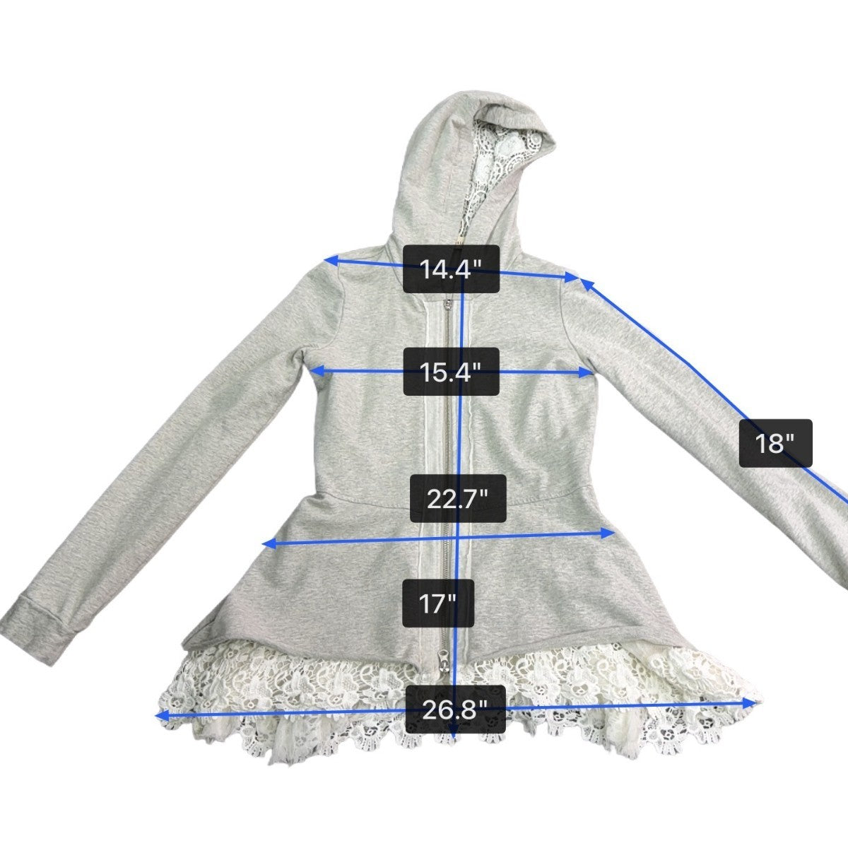 LoveAndliberTy Womens Gray Cotton/Spandex Lace Trim Hooded Zip-Up Sweater Size S