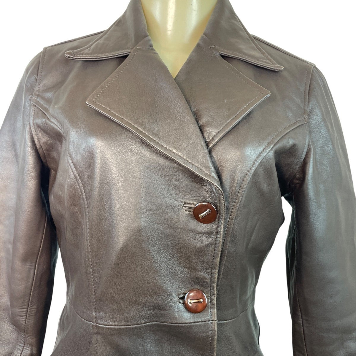 Womens Brown Leather Button-Up Trench Coat With Faux Fur Lining