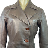 Womens Brown Leather Button-Up Trench Coat With Faux Fur Lining