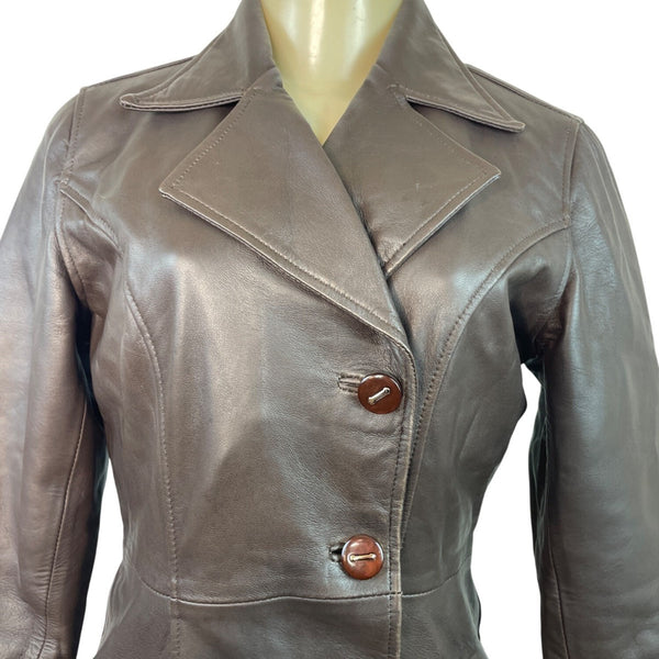 Womens Brown Leather Button-Up Trench Coat With Faux Fur Lining