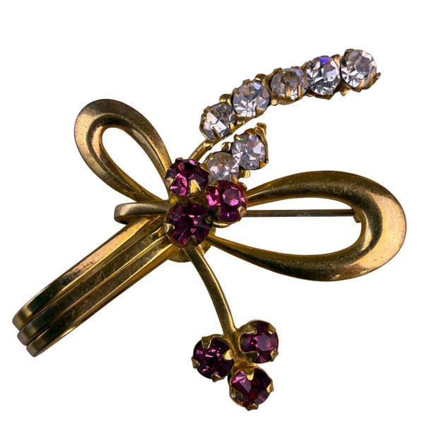 Vintage 1940 Gold Tone Bow Brooch Modernist Design With Rhinestones & Red Stones