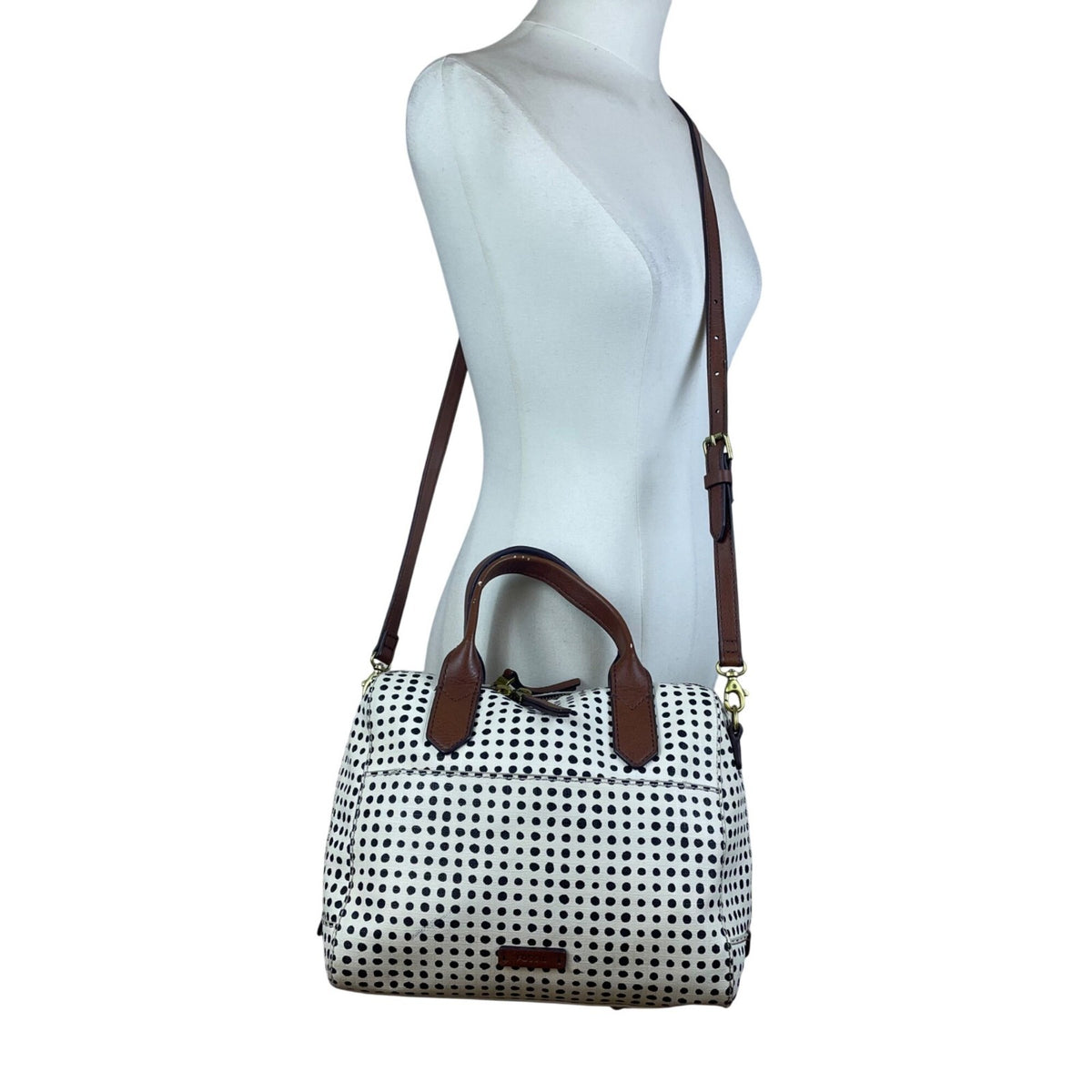 Fossil Women’s White/Black Polka Dot With Brown Handles Duffel Satchel Tote