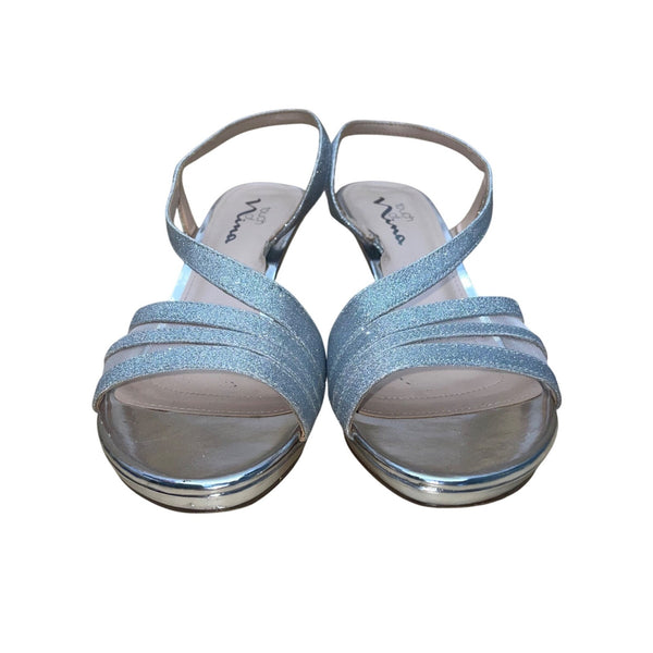 Touch Of Nina Women’s Silver Refined Glitter Leather Sole Heeled Sandals Sz 9.5M