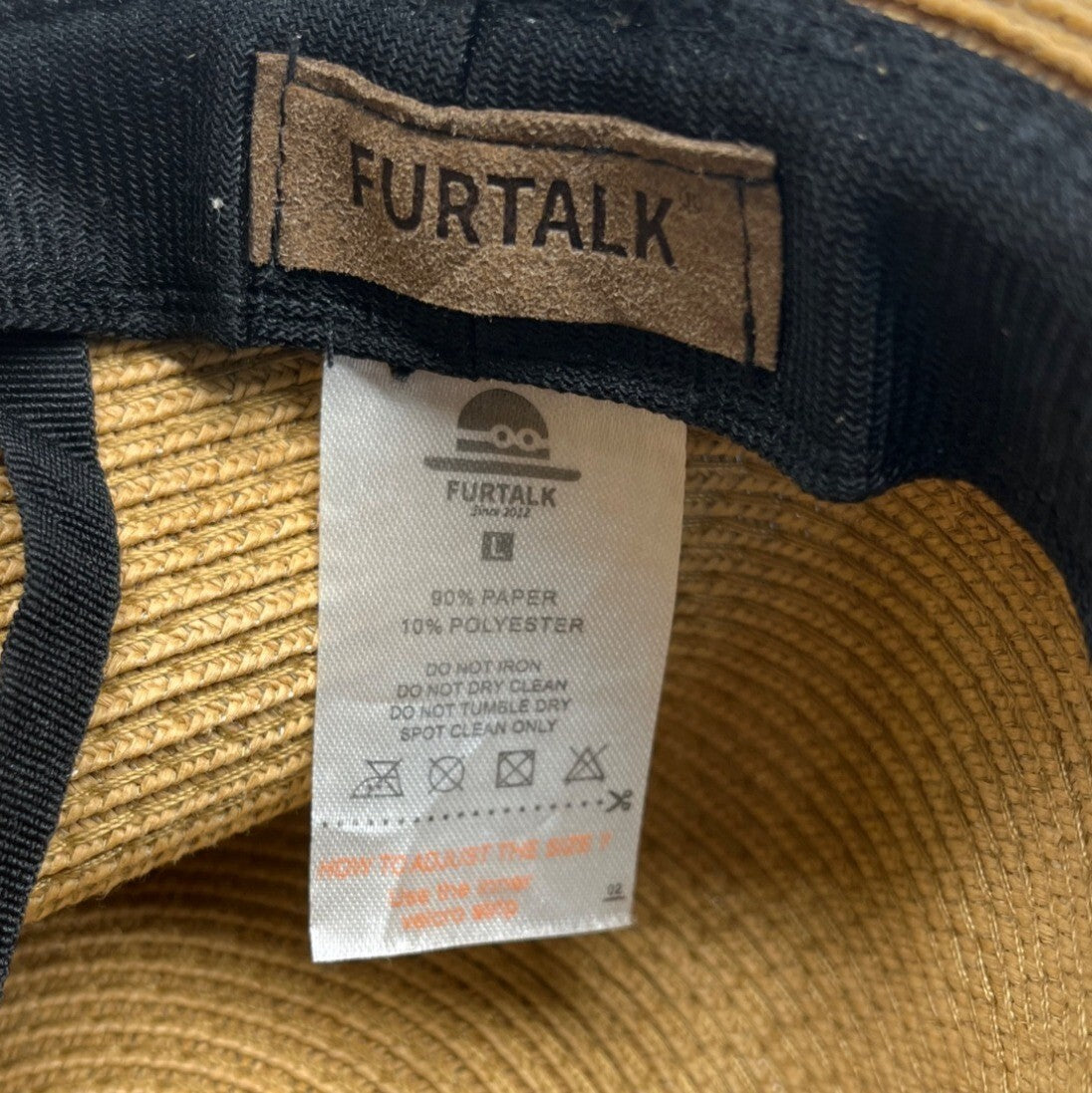 Furtalk Wide Brim Straw Sun Hat With Black Ribbon Band Sz L