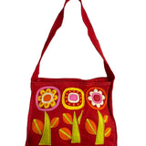 Handmade Women's Red Wool Flowery Detail Crossbody Messenger Bag Sz M