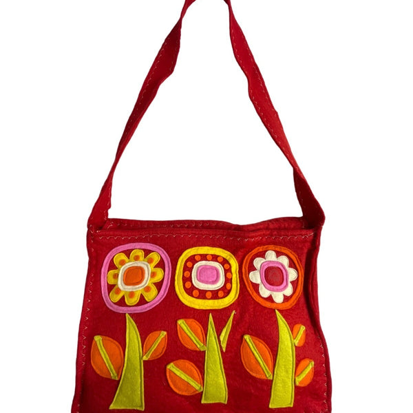 Handmade Women's Red Wool Flowery Detail Crossbody Messenger Bag Sz M