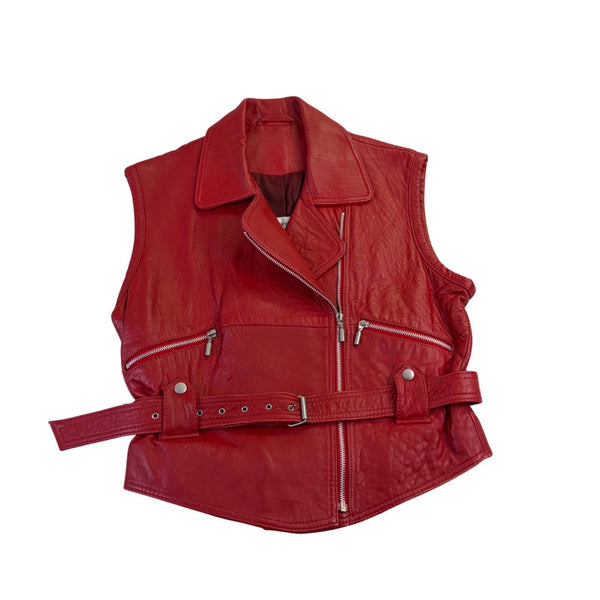 Bloomingdales Womens Red Leather Sleeveless Vest Belted Zipper Pockets Size S