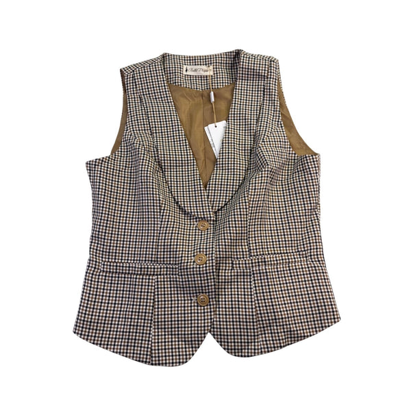 Belle Poque Womens Brown & Black Gingham Plaid Vest Blazer Top Size M