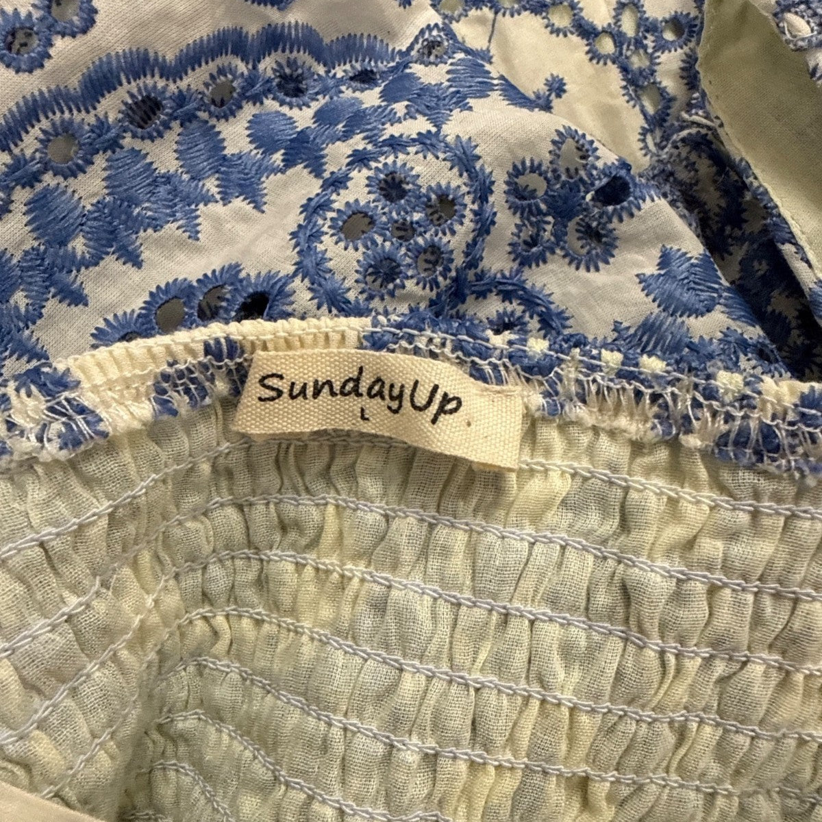 Sundayup Women White & Blue Embroidered Cotton Dress Square Neck Size L