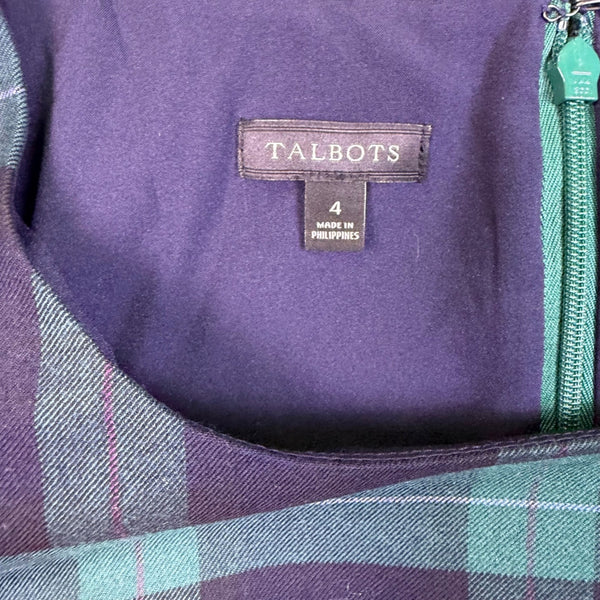 Talbots Womens Navy Green Plaid Wool Polyester Blend Bell Sleeve Dress Size 4