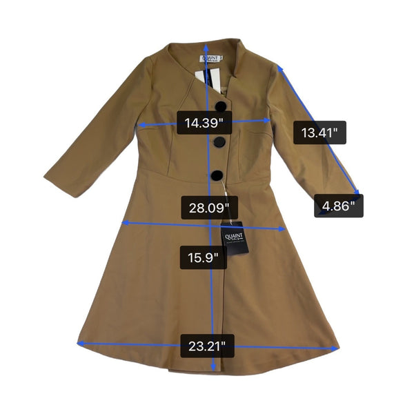 Quaint Womens Tan 3/4 Sleeve A-Line Coat Dress Stylish Essential Size 36