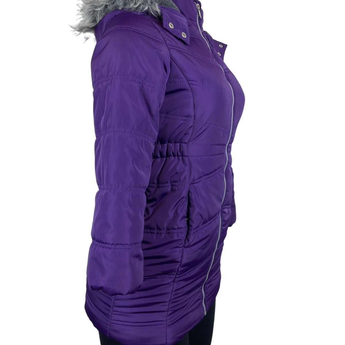 Calvin Klein Womens Purple Puffer Jacket With Faux Fur Hood & Side Pockets Sz S