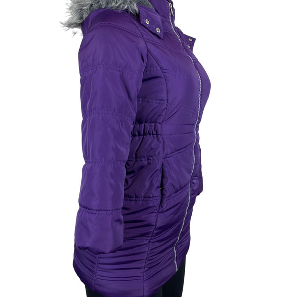 Calvin Klein Womens Purple Puffer Jacket With Faux Fur Hood & Side Pockets Sz S