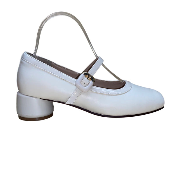 Dusto Women's Ivory White Faux Leather Mary Jane Block Heel Dress Shoes Size 7.5