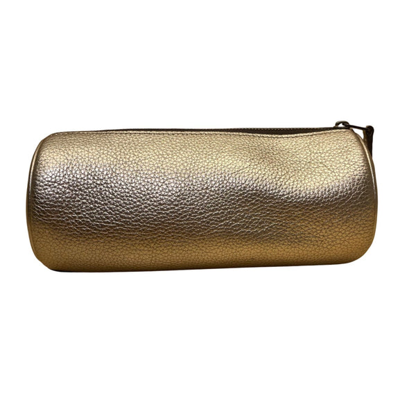 Coach Women’s Gold Metallic Leather Cylinder Zippered Makeup Bag Purse Pouch