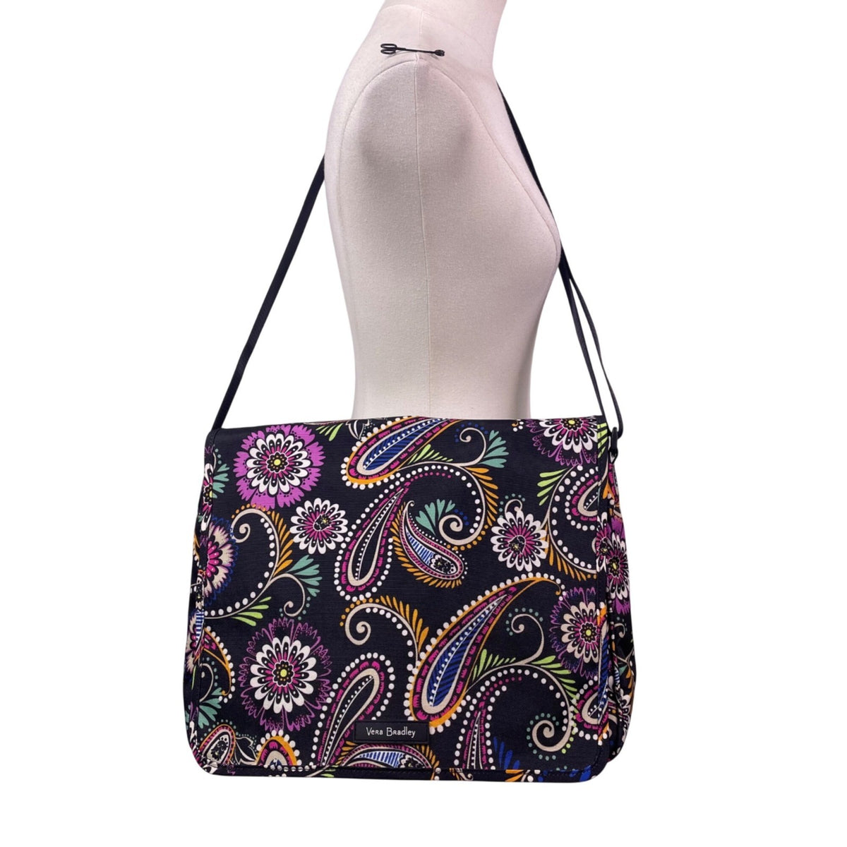 Vera Bradley Women’s Black Paisley Bold Floral Pattern Adjustable Messenger Bag