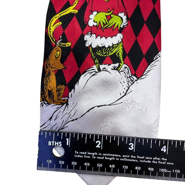Dr. Seuss Mens Red & Black 100% Silk Christmas Grinch Themed Hand-Sewn Tie