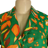 Vintage Green Short-Sleeve Button-Up Blouse With Orange Fruit & Leopard Print Li