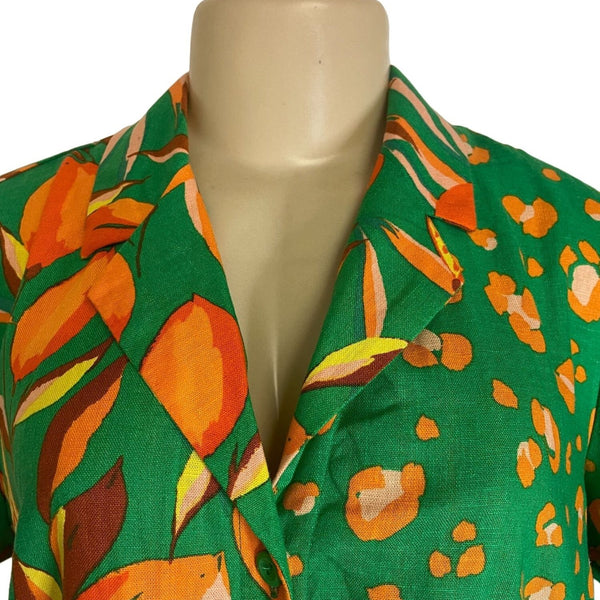Vintage Green Short-Sleeve Button-Up Blouse With Orange Fruit & Leopard Print Li