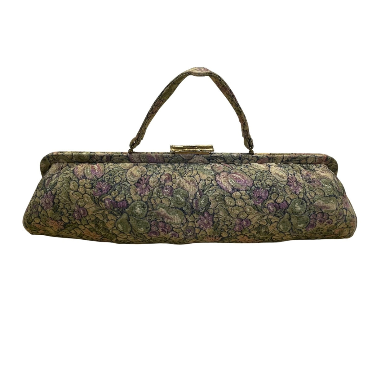 Vintage Women’s Green & Purple Floral Brocade Metal Bamboo Clasp Clutch Bag